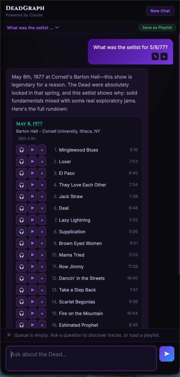 DeadGraph response showing full 20-track setlist for the legendary Cornell 5/8/77 show